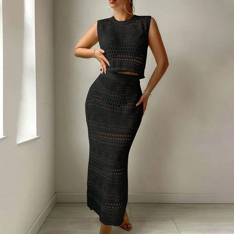 Two-Piece Hollow Out Knitted Beach Dress | 2025 Bikini Cover-Up & Sexy Beach Outfit cover up LUNARITY GARAGE Black Dress S