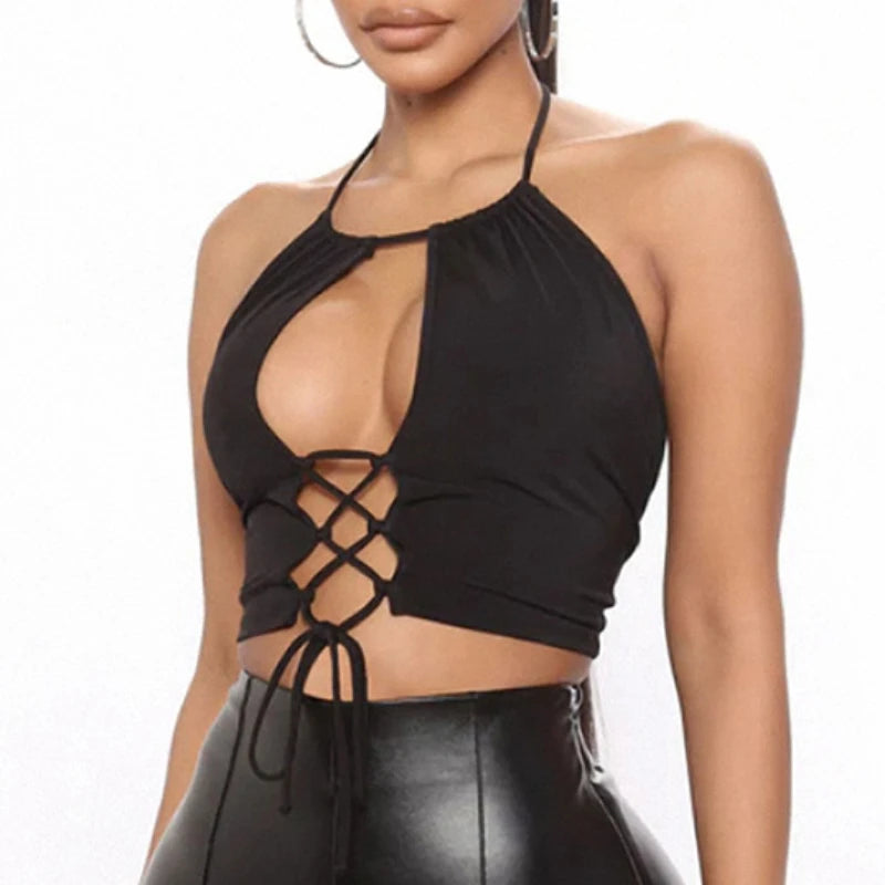 Sexy Tank Top Middle Hollow Out Strap Pull Up Halter Crop Tops Women Casual Sleeveless Cropped Vest Camisole Tube Top Female LUNARITY GARAGE