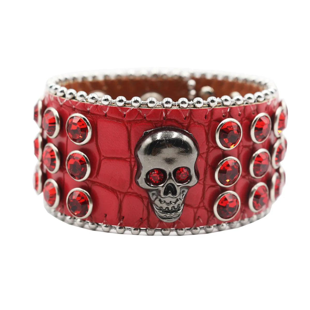 Wide Rhinestone Skull Bracelet – PU Leather Statement Cuff Bracelets LUNARITY GARAGE Red