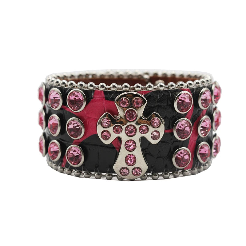 Designer PU Leather Rhinestone Cross Bracelet – Western Bling Statement Piece Bracelets LUNARITY GARAGE HW-Pink