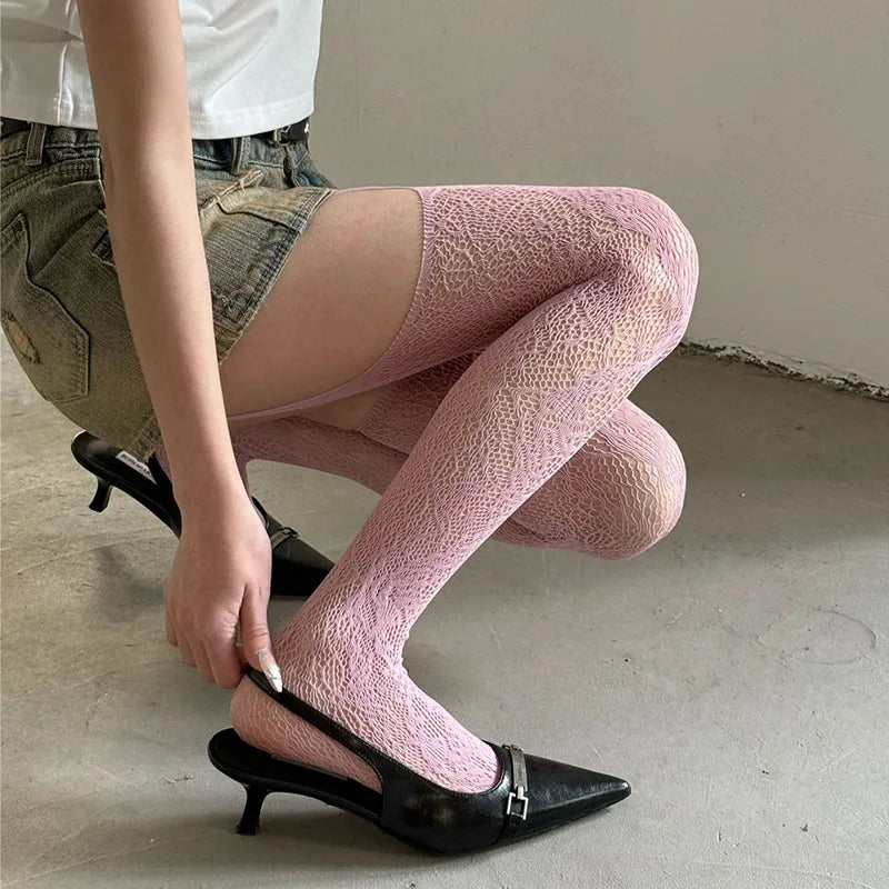 Women Lace Sling-back Fishnet Stockings Pantyhose Retro Sexy Flower Leggings Tights Underwear Lolita Hollow Party Lingerie LUNARITY GARAGE Pink