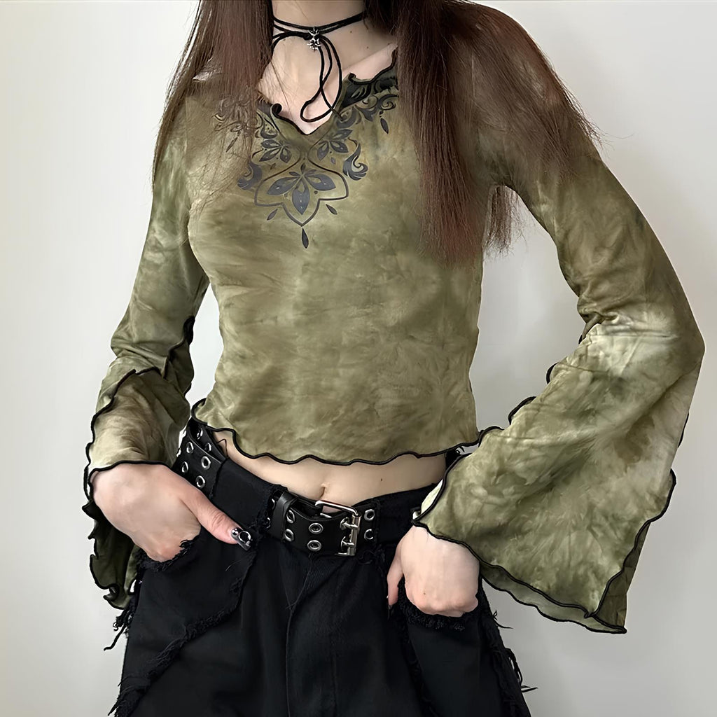 Acubi Vintage Style Tie-Dye V-Neck Crop Top crop top Lunarity Garage Green S 