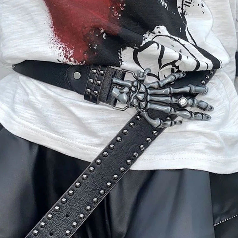 Punk Skull Hand Belt – Gothic Y2K Skeleton Hand Leather Belt with Rivets for Men and Women, Harajuku Halloween Accessories belt LUNARITY GARAGE   