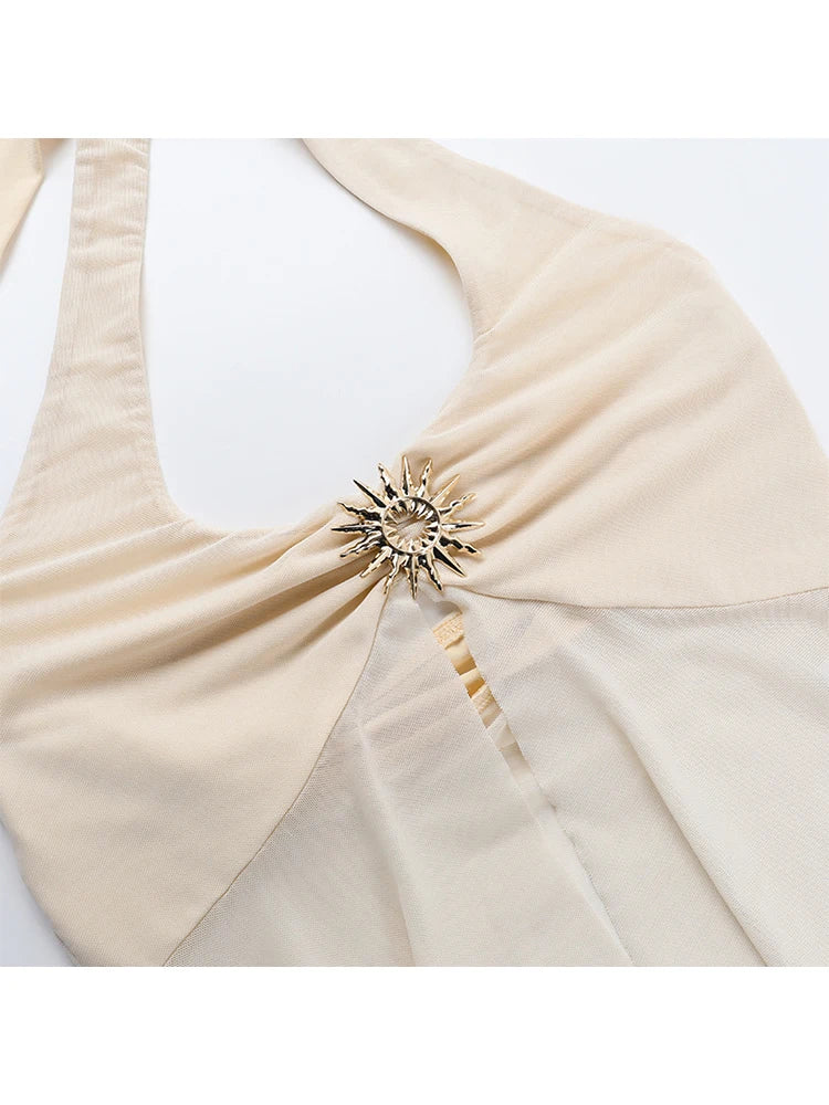 Halter Tie-Back Sheer Mesh Tank Top - Metal Accents Backless Y2K Vest Tank top LUNARITY GARAGE