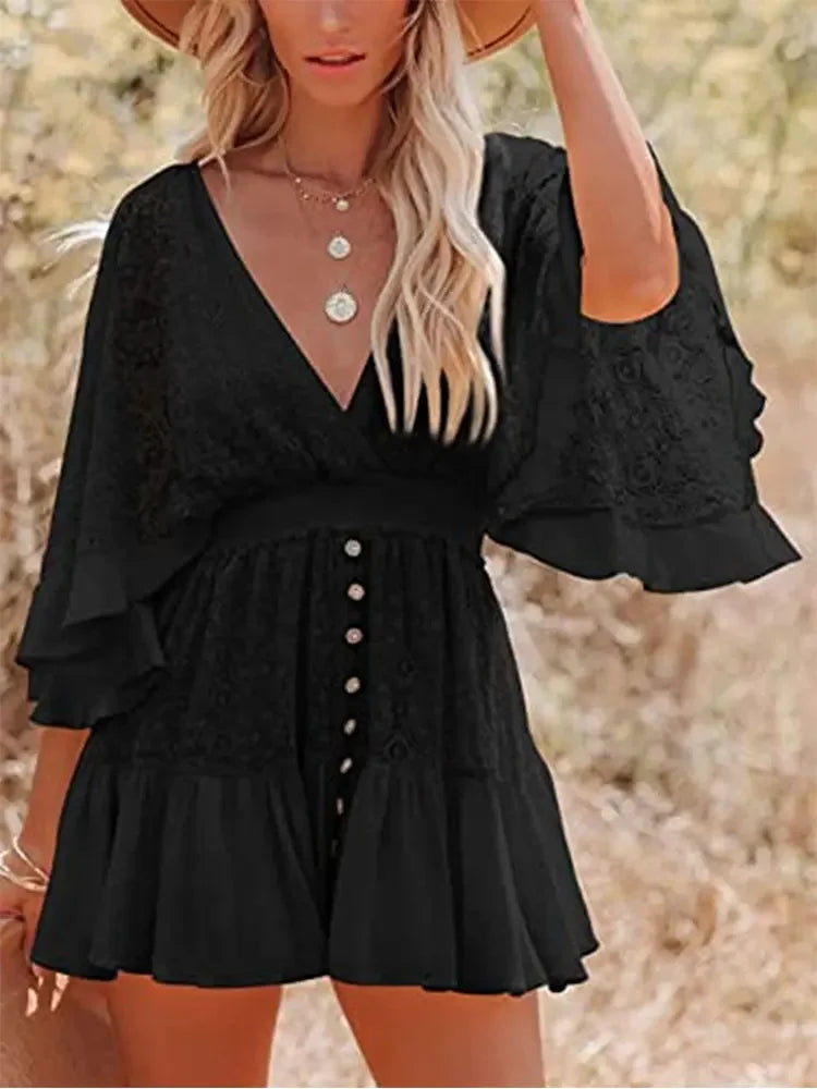Ethereal Elegance: The White Lace Ruffle Mini Beach Dress Dress LUNARITY GARAGE