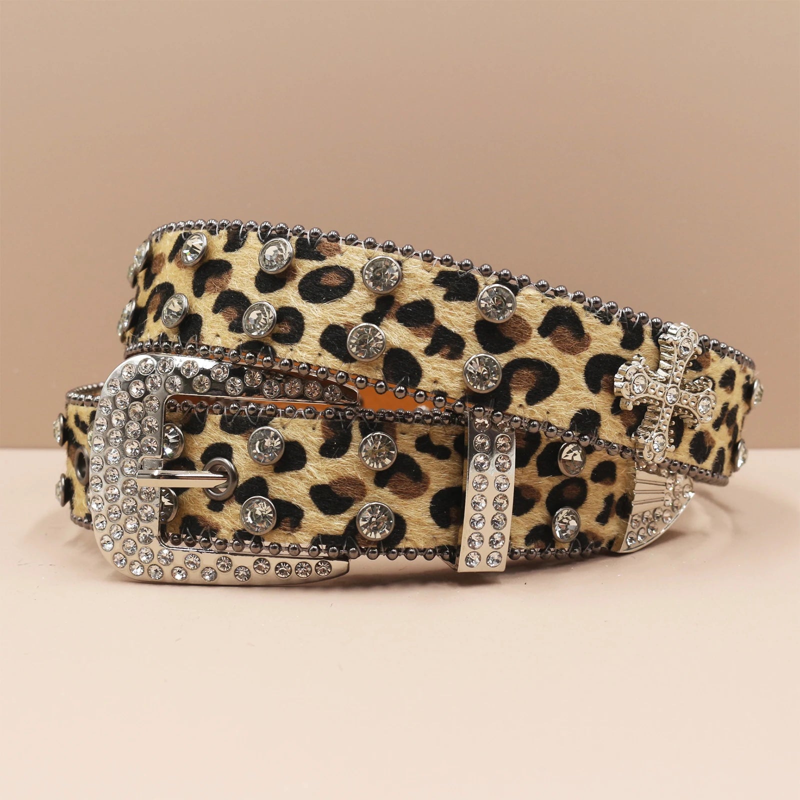 3.3cm Leopard Print Rhinestone Belt Hip Hop Punk Style belt LUNARITY GARAGE Yellow 105CM
