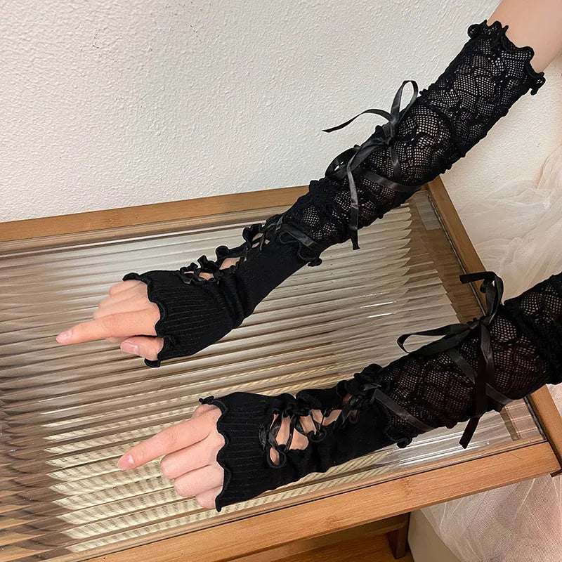 Women Lolita JK Lace Fingerless Gloves - Gothic Strapping Mesh Sunscreen Sleeves Gloves Lunarity Garage   