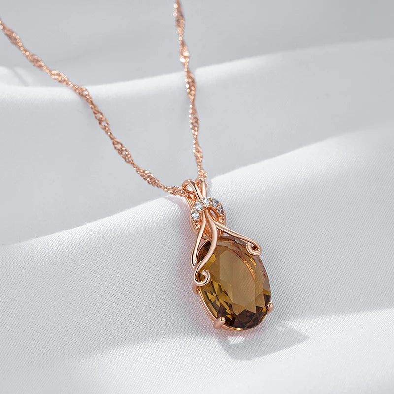 Rose Gold Big Oval Light Brown Zircon Pendant Necklace for Women necklaces LUNARITY GARAGE   