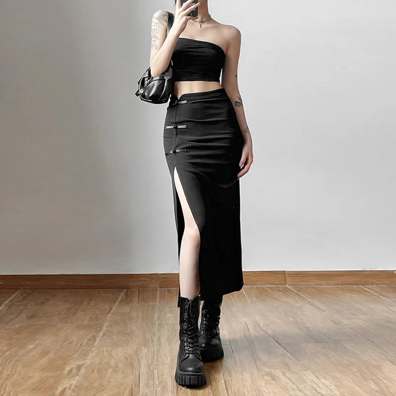 Black Split Casual Streetwear Skirt – Effortless Chic Skirts LUNARITY GARAGE Black S