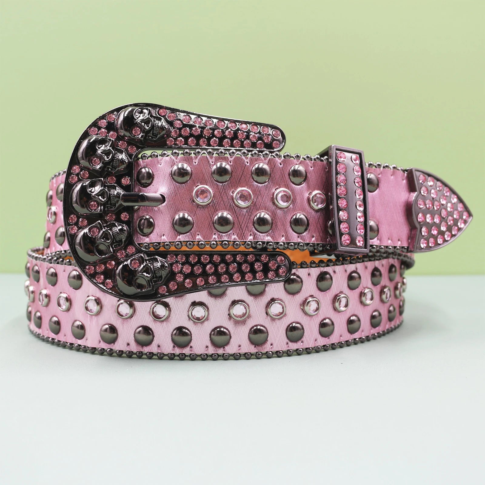Y2K Skull Studded Full Belt – Bling Crystal Club Party Waistband belt LUNARITY GARAGE Pink 105CM
