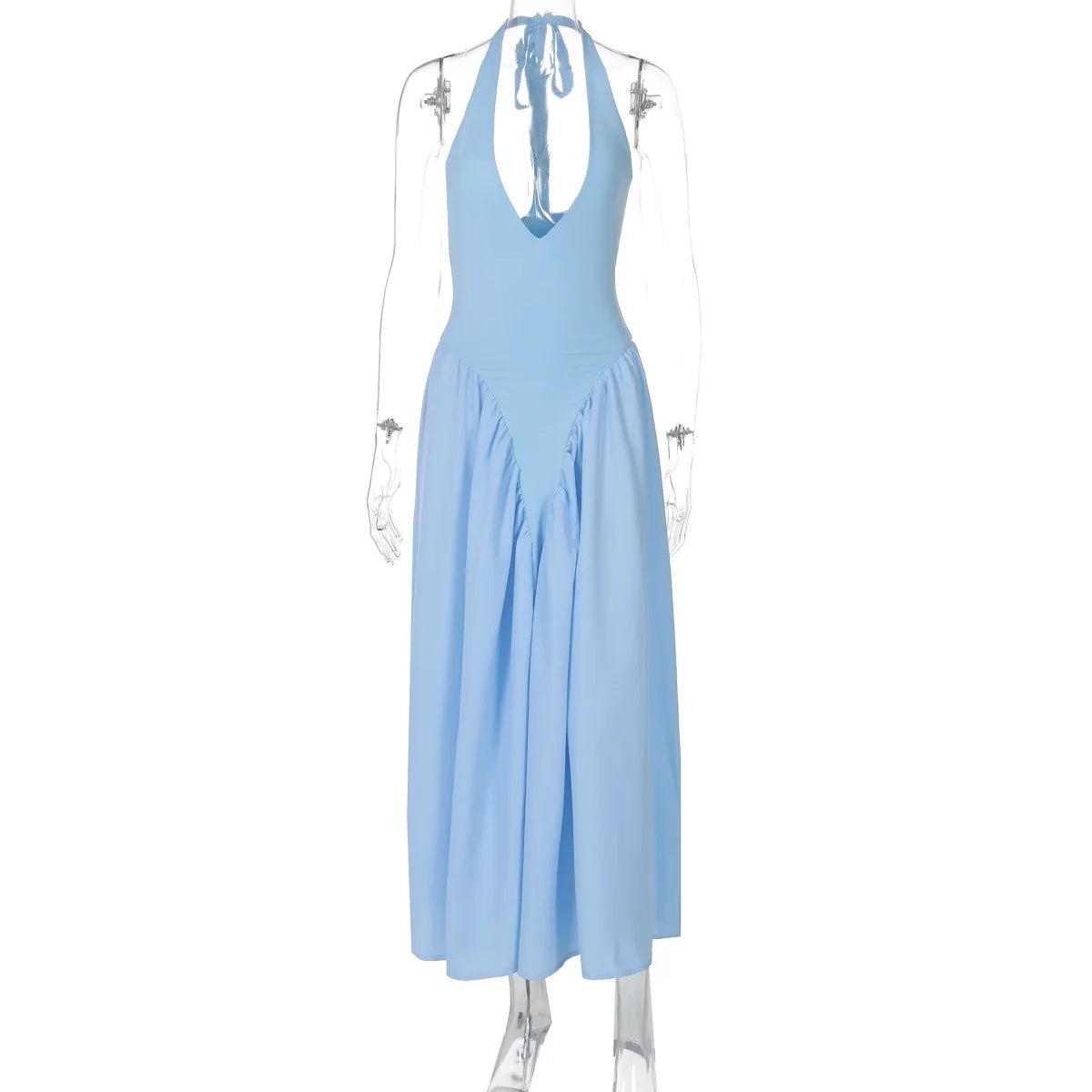 Backless Deep V Spliced Long Dress | Summer Women's Sexy Party & Halter Fashion Slim White Sleeveless Dress Dress LUNARITY GARAGE Light Blue S
