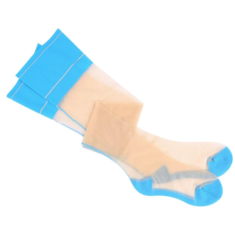 Contrast Color Rib Cut Edge Thigh High Stockings – Retro Cuban Heel Back Seam Stockings LUNARITY GARAGE Nude Blue 2 Pair