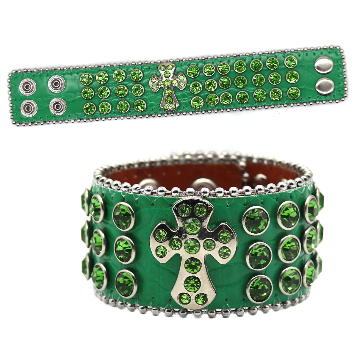 Designer PU Leather Rhinestone Cross Bracelet – Western Bling Statement Piece Bracelets LUNARITY GARAGE Green