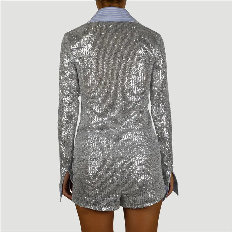Silver Glitter Two Piece Shorts Set - Contrast Color Shirt & Sparkle Shorts Clothing Set LUNARITY GARAGE