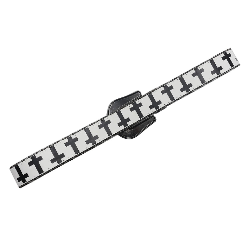 Black & White Cross Rhinestone Belt - Y2K Gothic Trend PU Leather Belt LUNARITY GARAGE