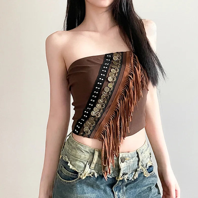 Exotic Ethnic Style Strapless Fringed Top with Metal Retro Decoration – Slim Fit Indie Folk Y2K Tank Tops LUNARITY GARAGE