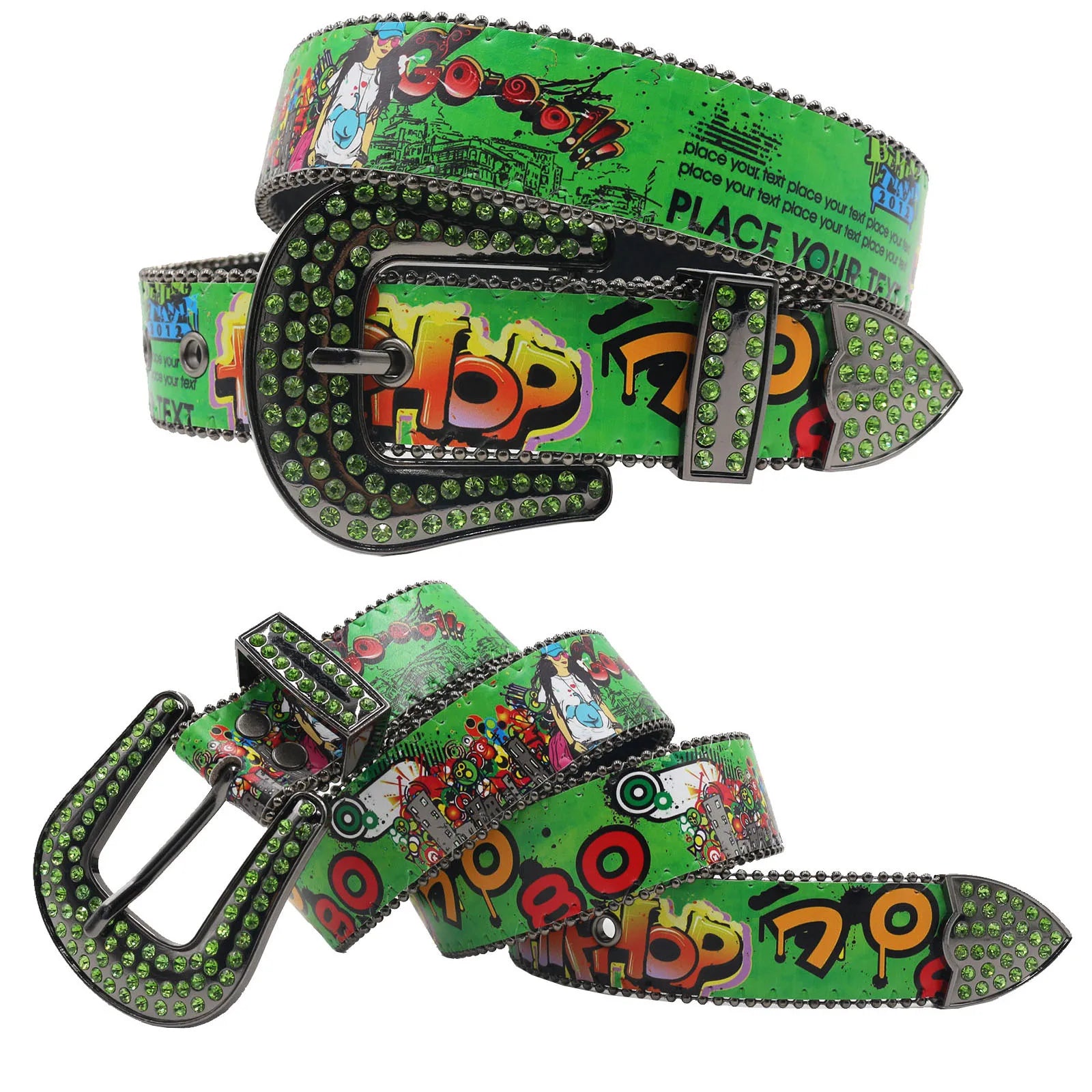 Punk Black Rhinestone Belt – Y2K Western Cowboy Designer Belt belt LUNARITY GARAGE Girl-Green 115CM
