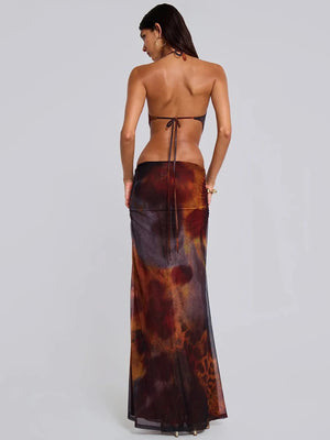 Tie Dye Print Cut Out Maxi Dress | Plunging Backless Mesh Long Dress for Summer Beach Parties Dress LUNARITY GARAGE