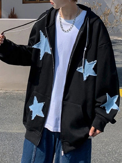 Emo Star Patch Oversized Zip-Up Hoodie – Y2K Vintage Streetwear Jackets Lunarity Garage