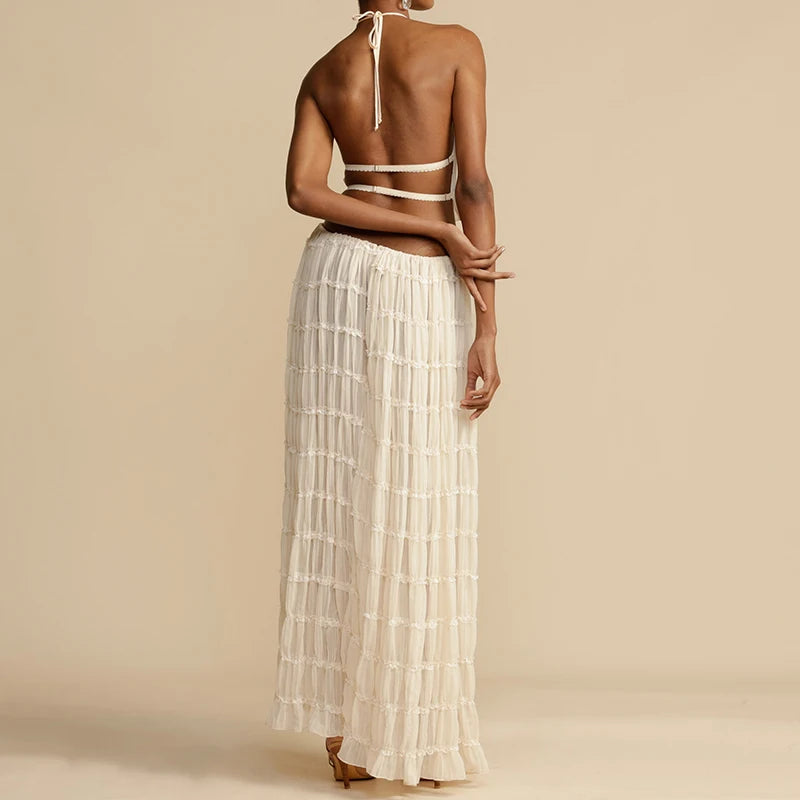 Boho Backless 2-Piece Set – Halter Ruched Cami Top & Maxi Skirt Clothing Set LUNARITY GARAGE
