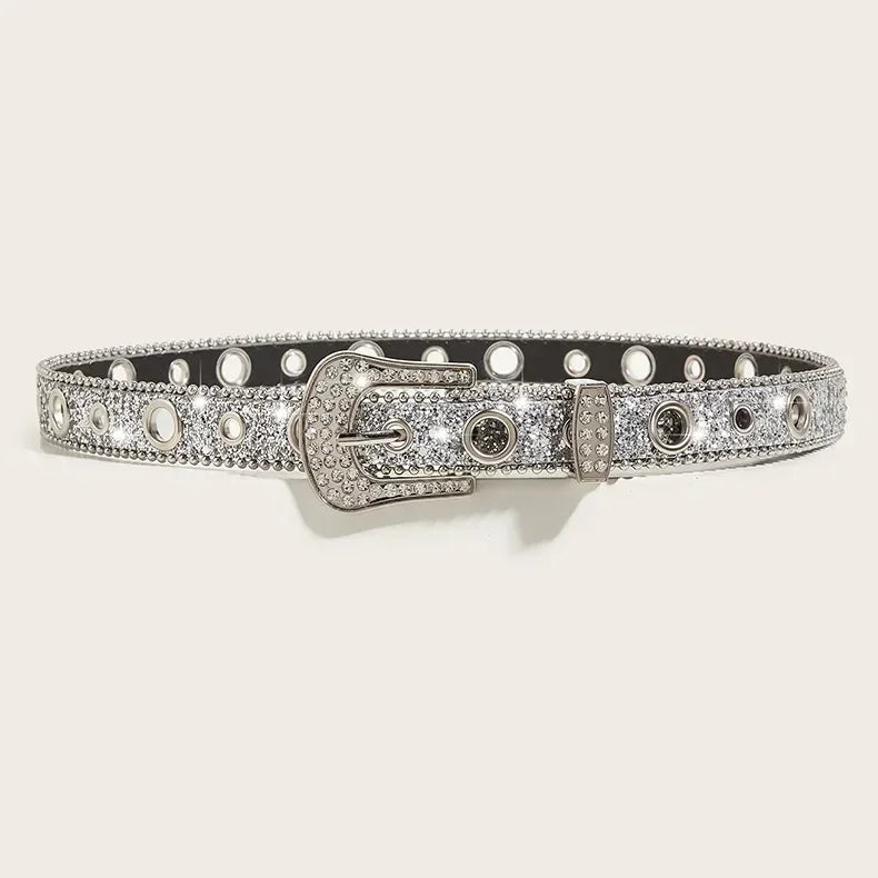 Y2K Punk Rhinestone & Sequin Belt Belt Lunarity Garage 2.5cm Silver 103CM 