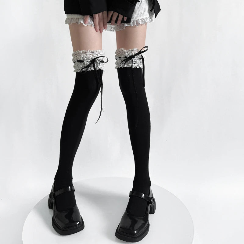 Japanese Style Women Thigh High Stockings – Lolita Lace Ruffle Ribbon Bow (2 Pairs) Stockings LUNARITY GARAGE Black One Size