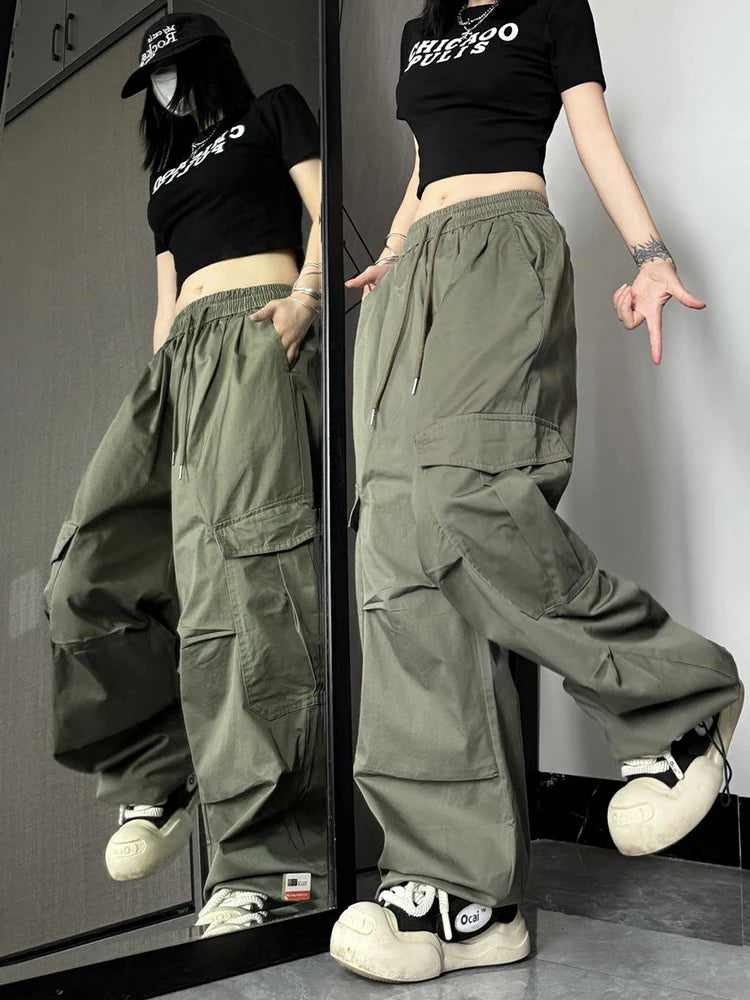 Y2K High Waist Wide Leg Cargo Pants – Streetwear Essential Pants LUNARITY GARAGE Army Green S