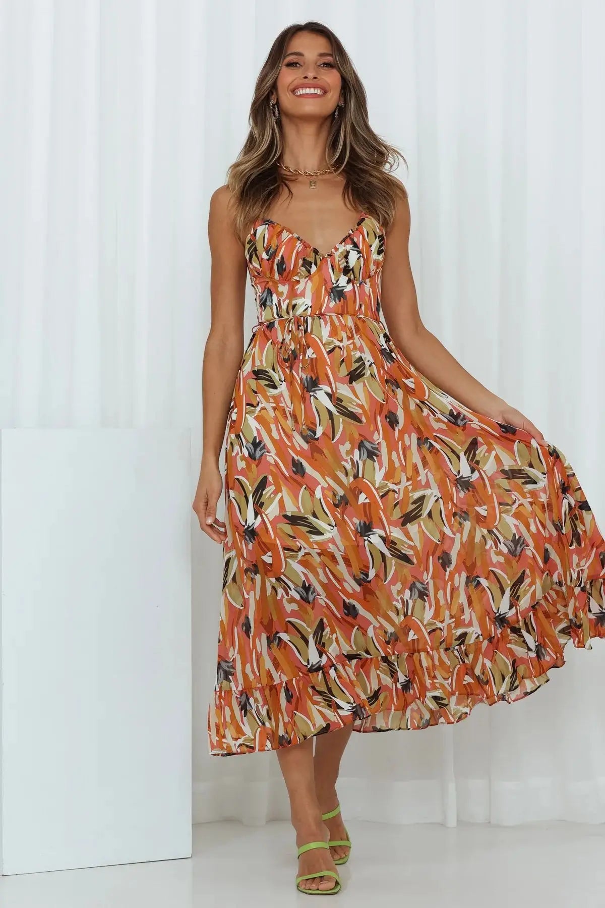 Bohemian Floral Print Mid-Calf Dress - Spaghetti Strap Sexy Casual Sundress Dress LUNARITY GARAGE