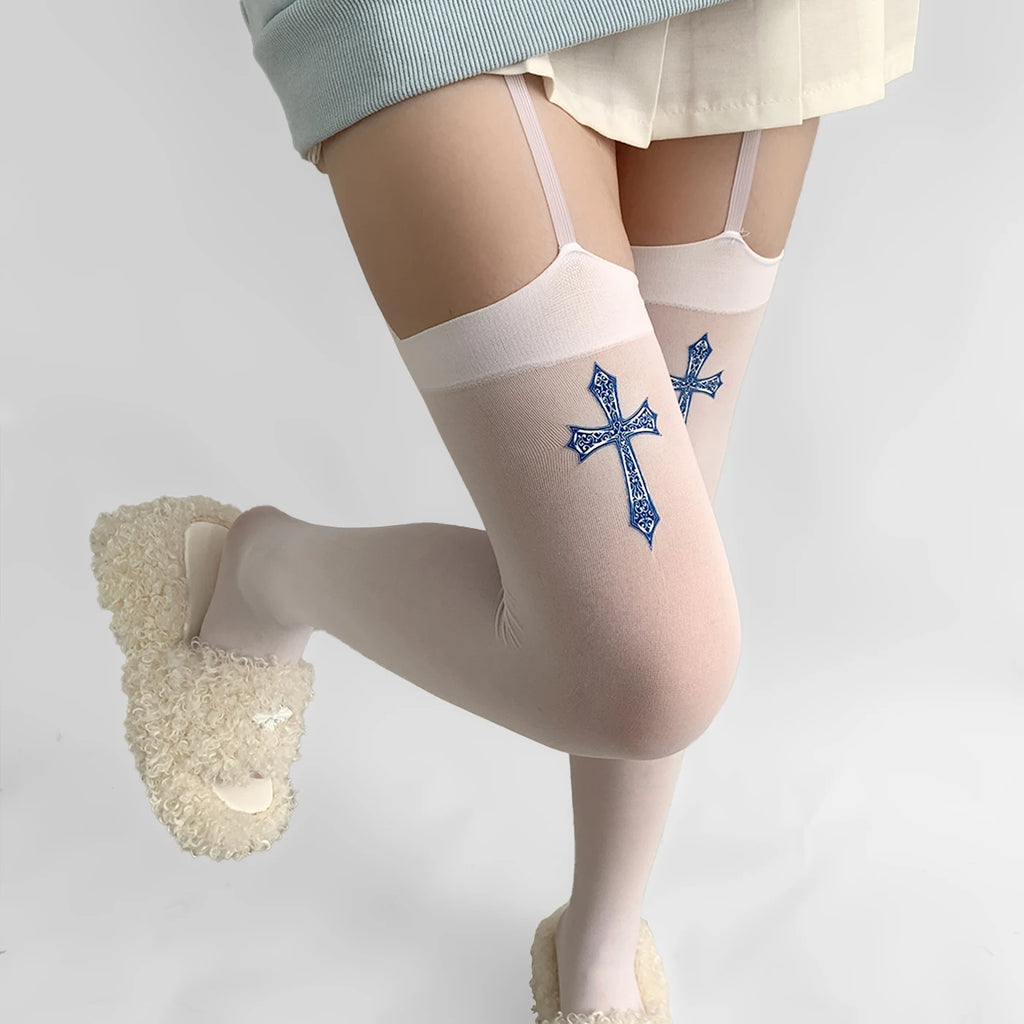 Cross Garter Gothic Thigh High Stockings – Sexy Lace Suspender Pantyhose for Women, Cosplay Tights, and Lingerie Stockings LUNARITY GARAGE   