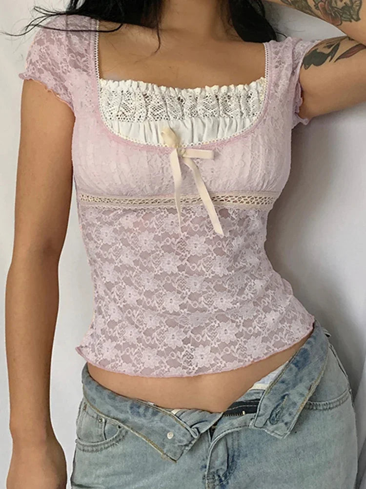 Y2k Pink Trim Crop Top Bow Cute Sweet T Shirt Women Retro Short Sleeve Lace Patched Summer Tee Korean Tshirt Coquette Aesthetic LUNARITY GARAGE