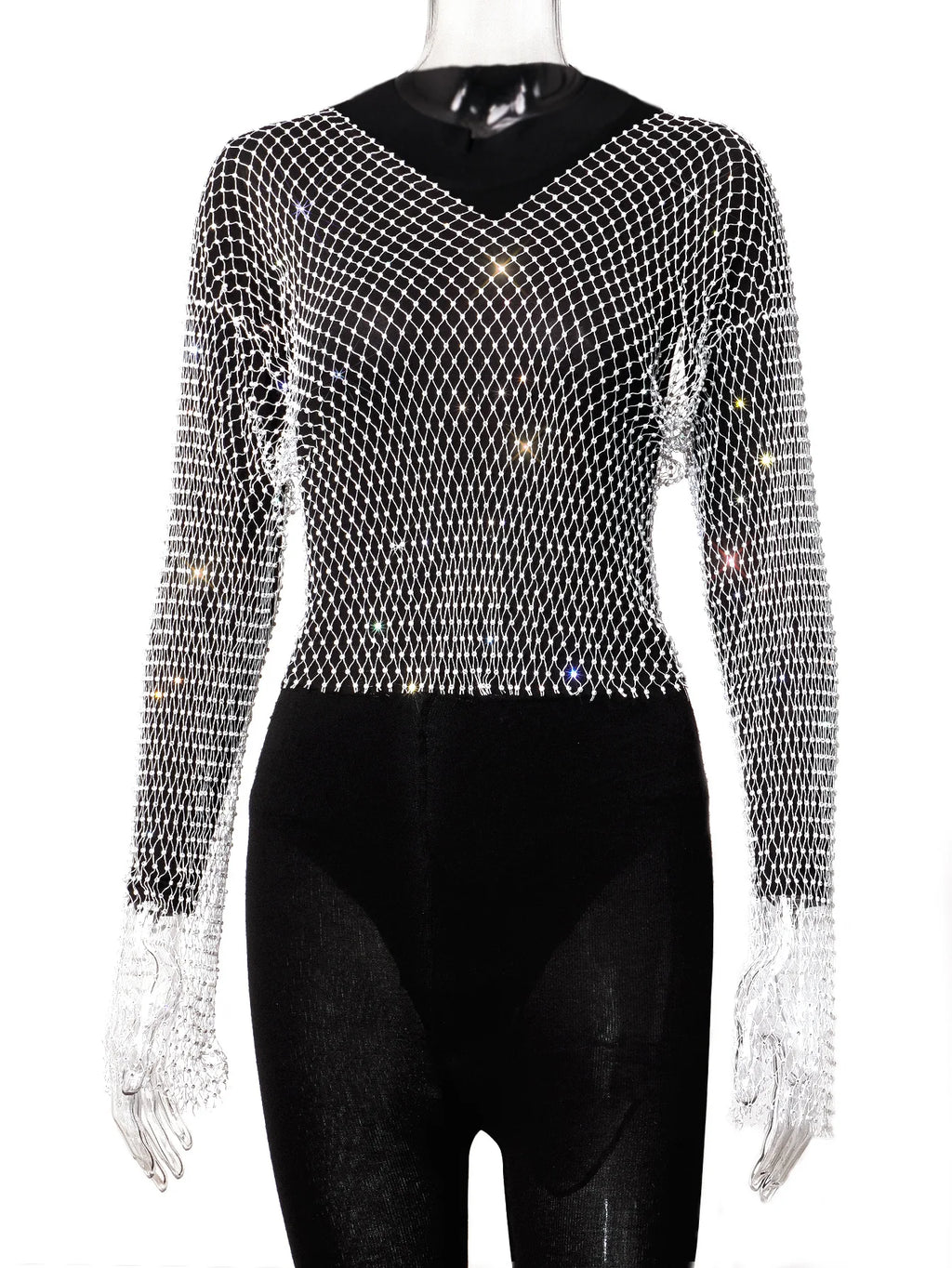 Women Sexy Club Mesh See Through T Shirt Shiny Rhinestone Fishnet Hollow Out Top Long Sleeve Beach Cover Up Party ball Tank Top LUNARITY GARAGE White V-neck Clothing length 48cm