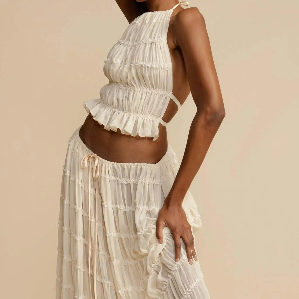 Boho Backless 2-Piece Set – Halter Ruched Cami Top & Maxi Skirt Clothing Set LUNARITY GARAGE
