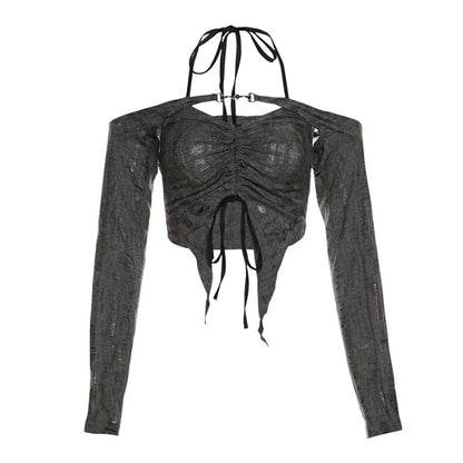 Gray Gothic Lace Cutout Long Sleeve Tuxedo Top top LUNARITY GARAGE