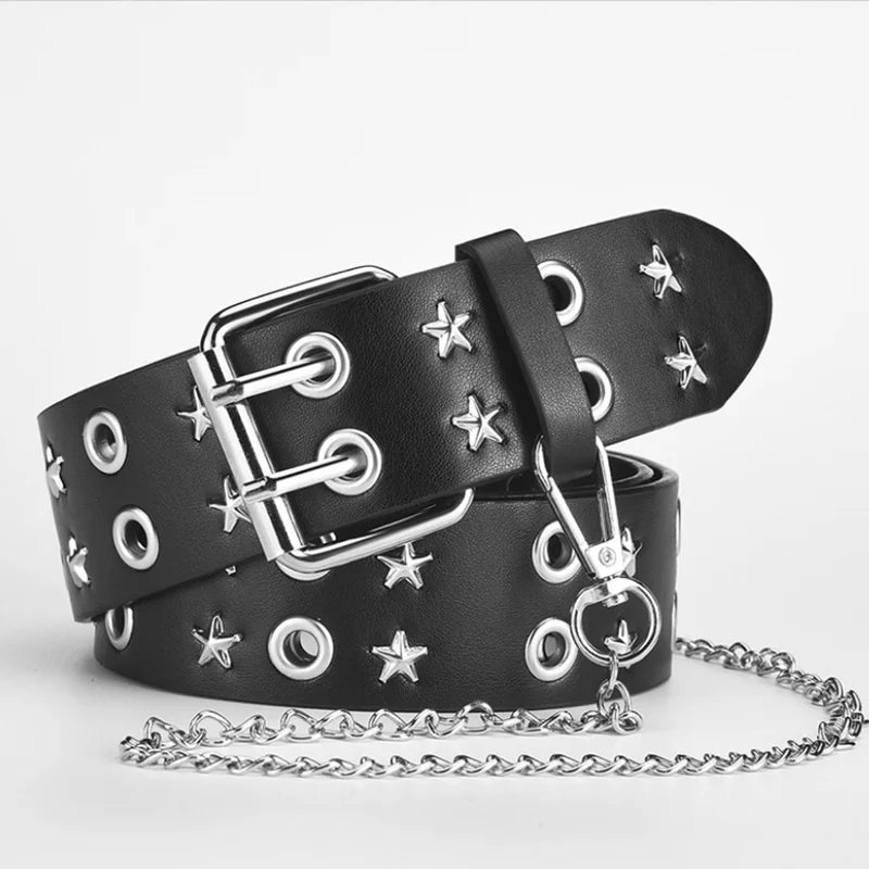 Goth Star Chain Eye Rivet Belt – Double Pin Buckle Punk Festival Party Belt belt LUNARITY GARAGE With chain 2 110cm