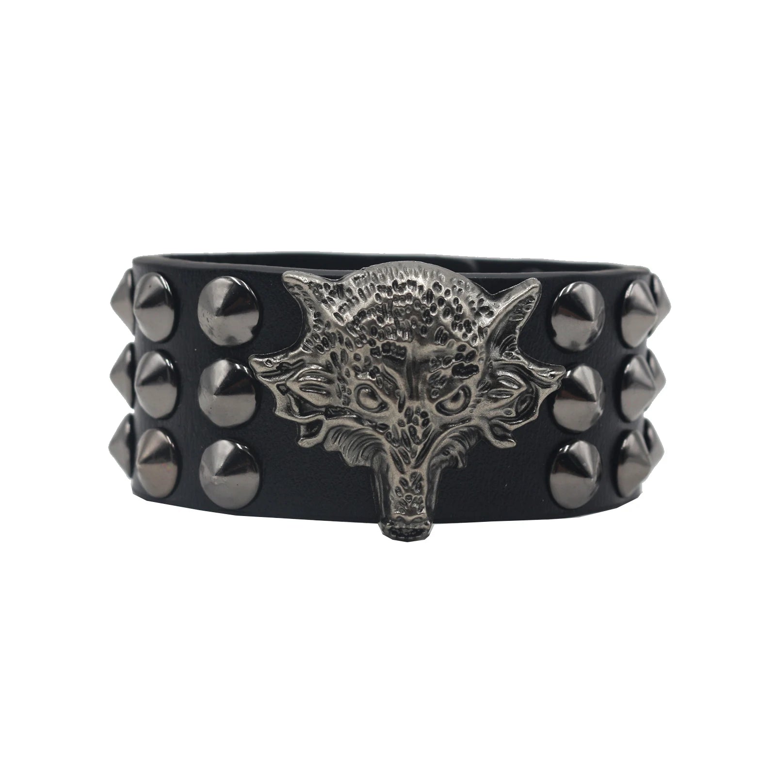 Skull Cross Rivet Wide Cuff Bracelet – Genuine Leather Punk Rock Bangle Bracelets LUNARITY GARAGE Wolf