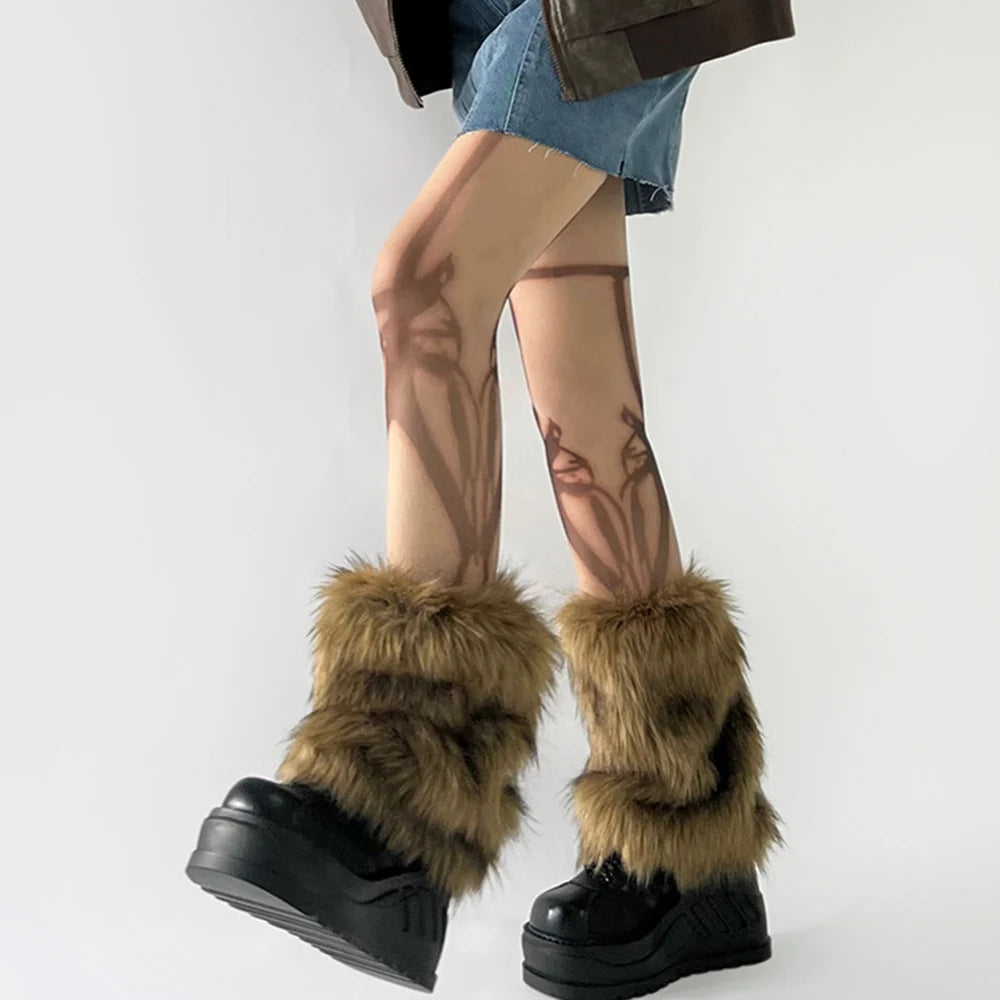 Y2k Vintage Faux Fur Leg Warmers Hot Girl Harajuku Winter Warm Furry Boots Cover Socks Jk Punk Hiphop Cosplay Accessories  LUNARITY GARAGE brown 25cm