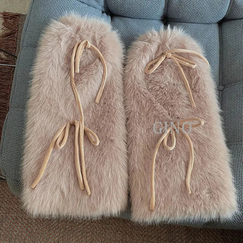 Punk Bow Tie Faux Rabbit Fur Leg Warmers – Y2K Winter Plush Boot Covers for Cold Weather Leg Warmers LUNARITY GARAGE Apricot 45-50cm