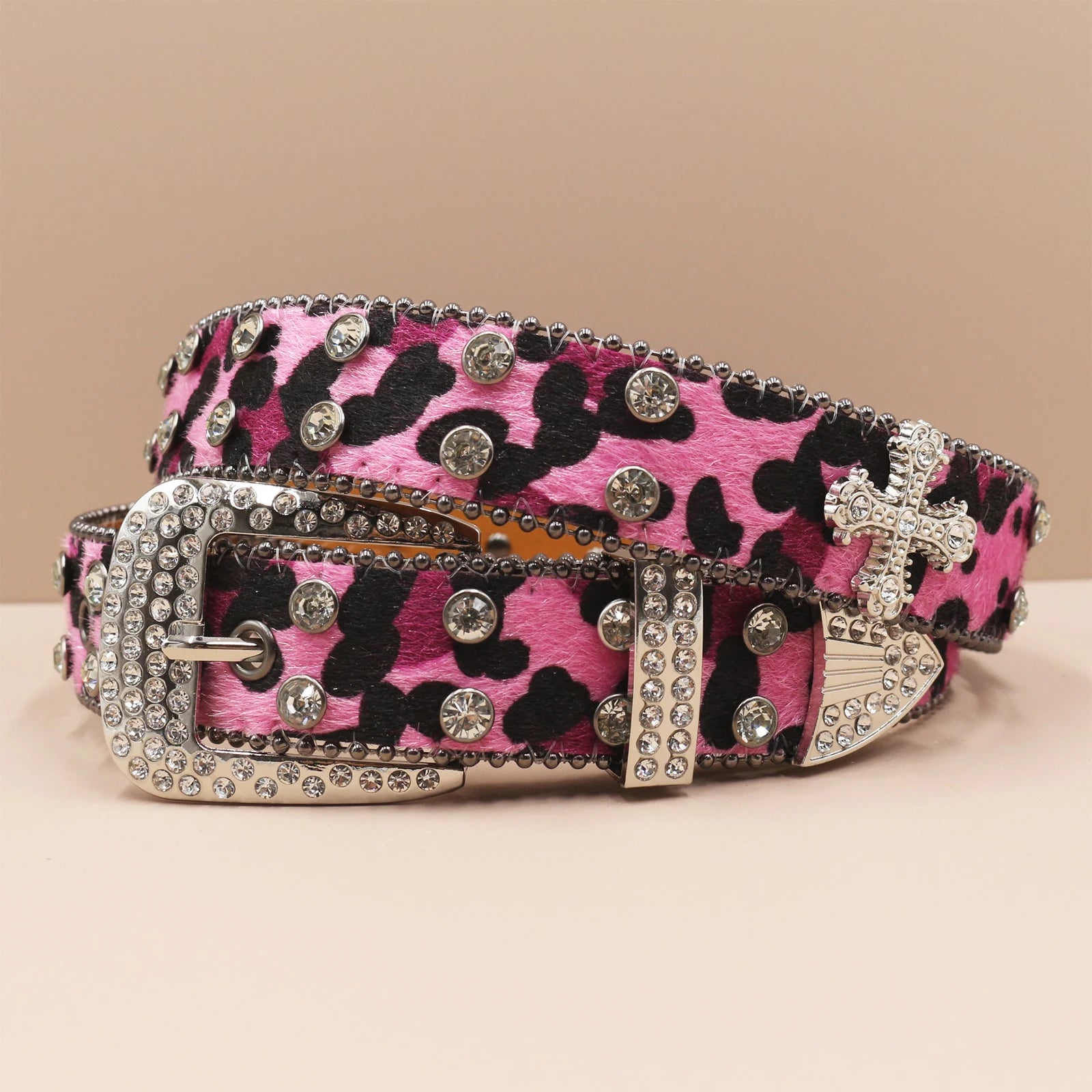 3.3cm Leopard Print Rhinestone Belt Hip Hop Punk Style belt LUNARITY GARAGE Pink 105CM