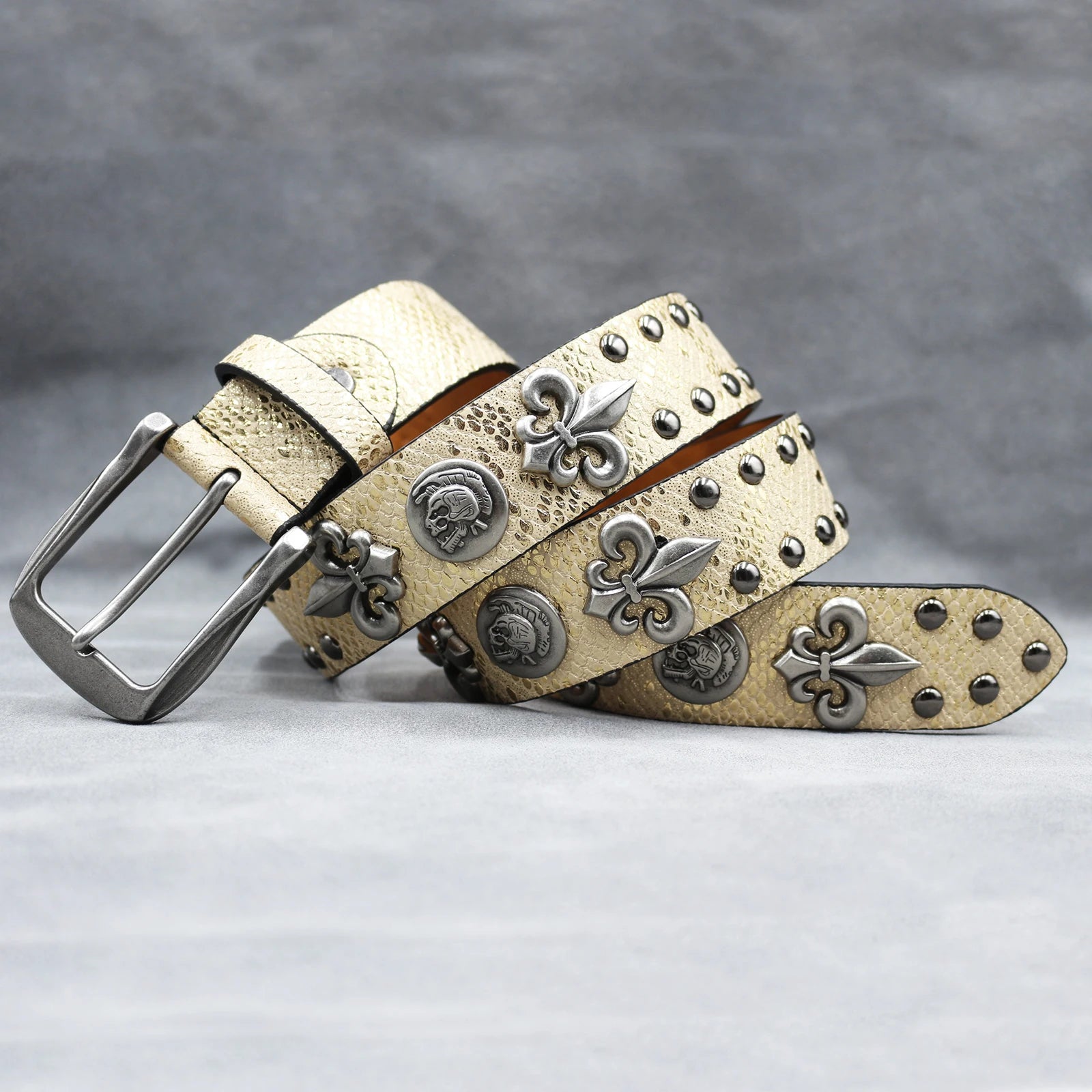 Y2K Leather Rivet Belt – Golden Cross Studded Rock Style belt LUNARITY GARAGE
