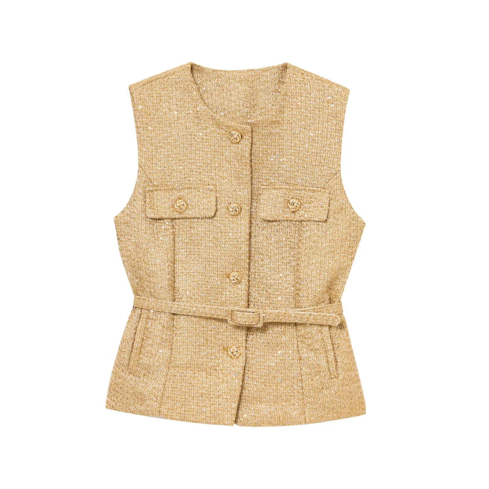 Women's Chic O-Neck Sleeveless Texture Vest Top | Elegant Button Pockets Casual Waistcoat Tops LUNARITY GARAGE Golden XS
