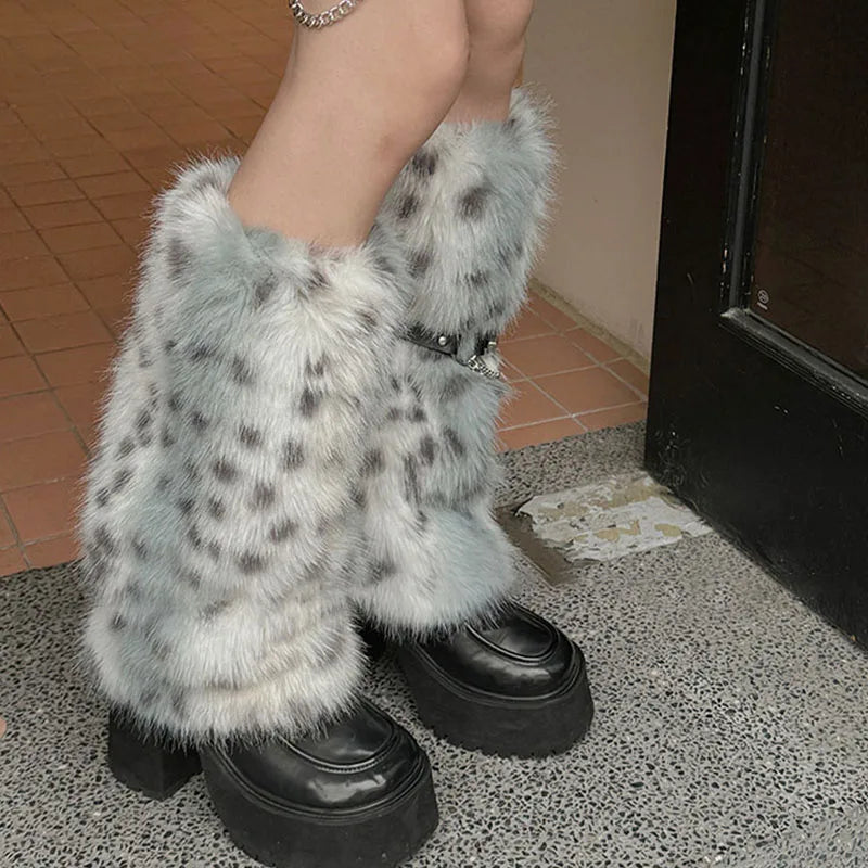 Winter Leopard Print Faux Fur Leg Warmers – Y2K Plush Punk Chain PU Belt, Harajuku Thickened Boots Cover, Fluffy Socks Leg warmer LUNARITY GARAGE