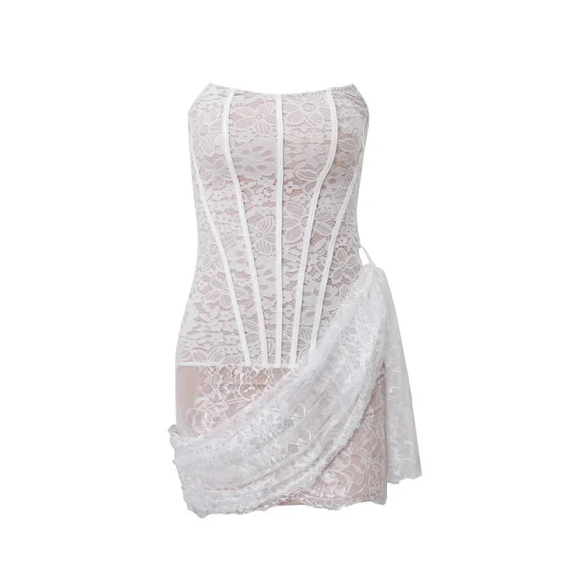 White Lace Asymmetric Corset Mini Dress | Sexy Strapless Clubwear Dress LUNARITY GARAGE