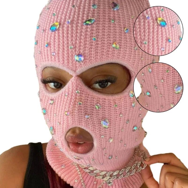Bling Bling Jeweled Balaclava – Rhinestone Face Cover & Hooded Neck Warmer Balaclavas LUNARITY GARAGE Pink