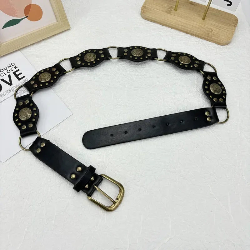 Vintage Circle Rivet Wide Belt - Cowboy Hollow PU Girdle Punk Metal Buckle belt LUNARITY GARAGE