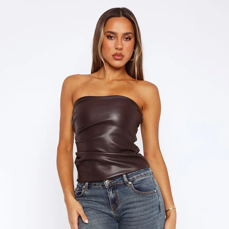 Wine Red Strapless Leather Top – Sexy Slim Fit Party Top Tops LUNARITY GARAGE