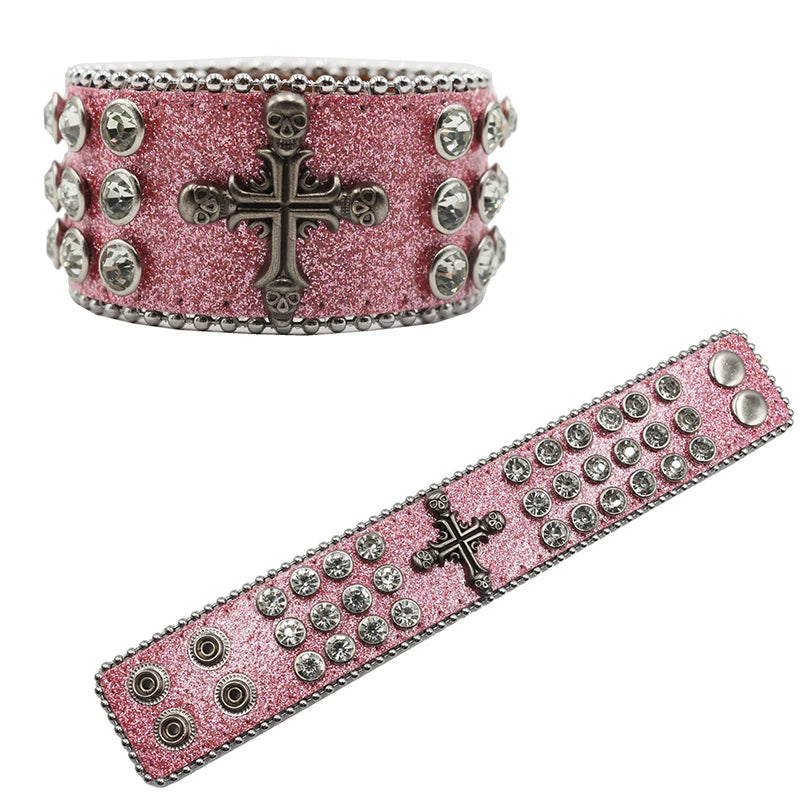 Exquisite Crystal Rhinestone Skull Cross Bracelet – PU Leather Party Jewelry Bracelets LUNARITY GARAGE SZKLT-Shiny pink