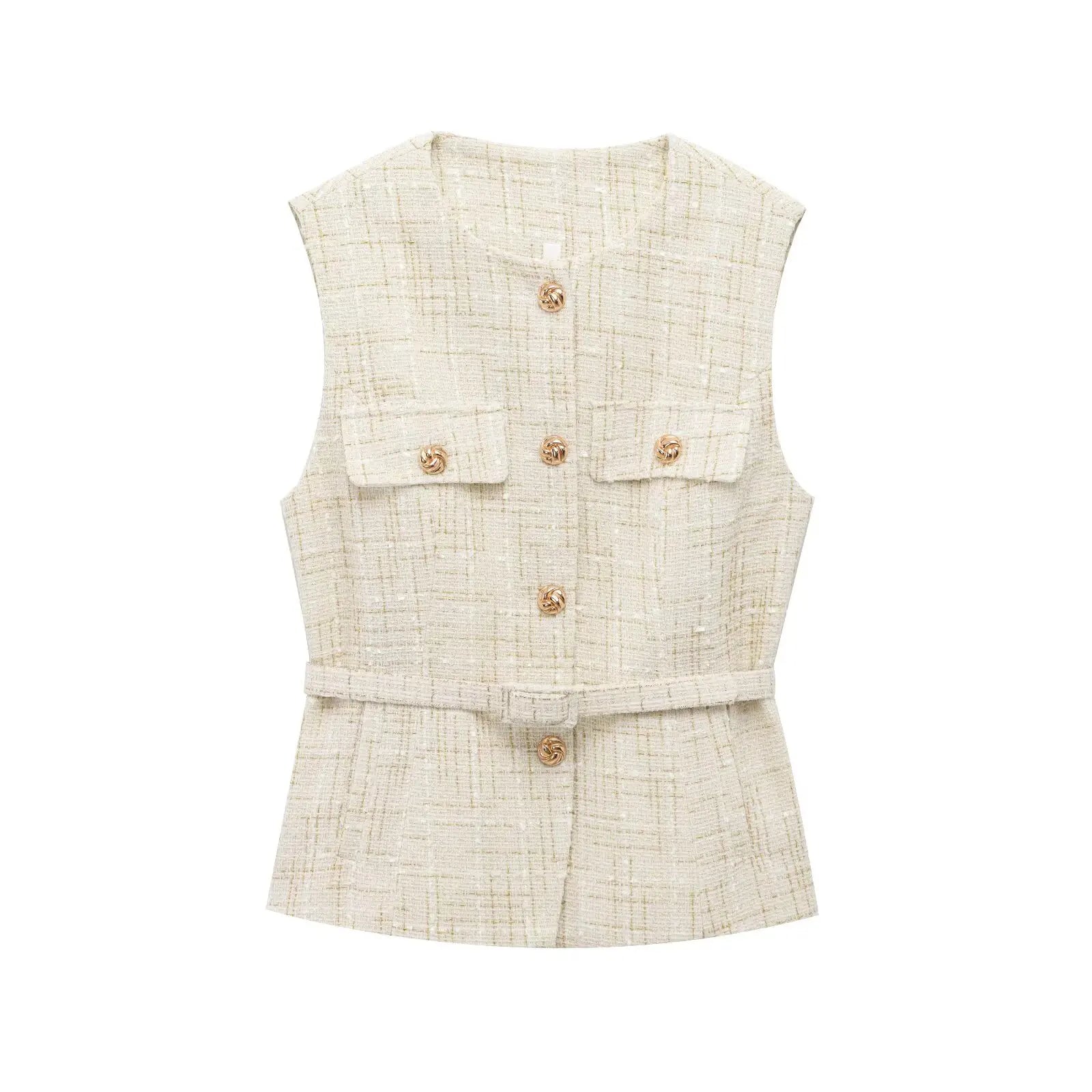 Women's Chic O-Neck Sleeveless Texture Vest Top | Elegant Button Pockets Casual Waistcoat Tops LUNARITY GARAGE Beige XS