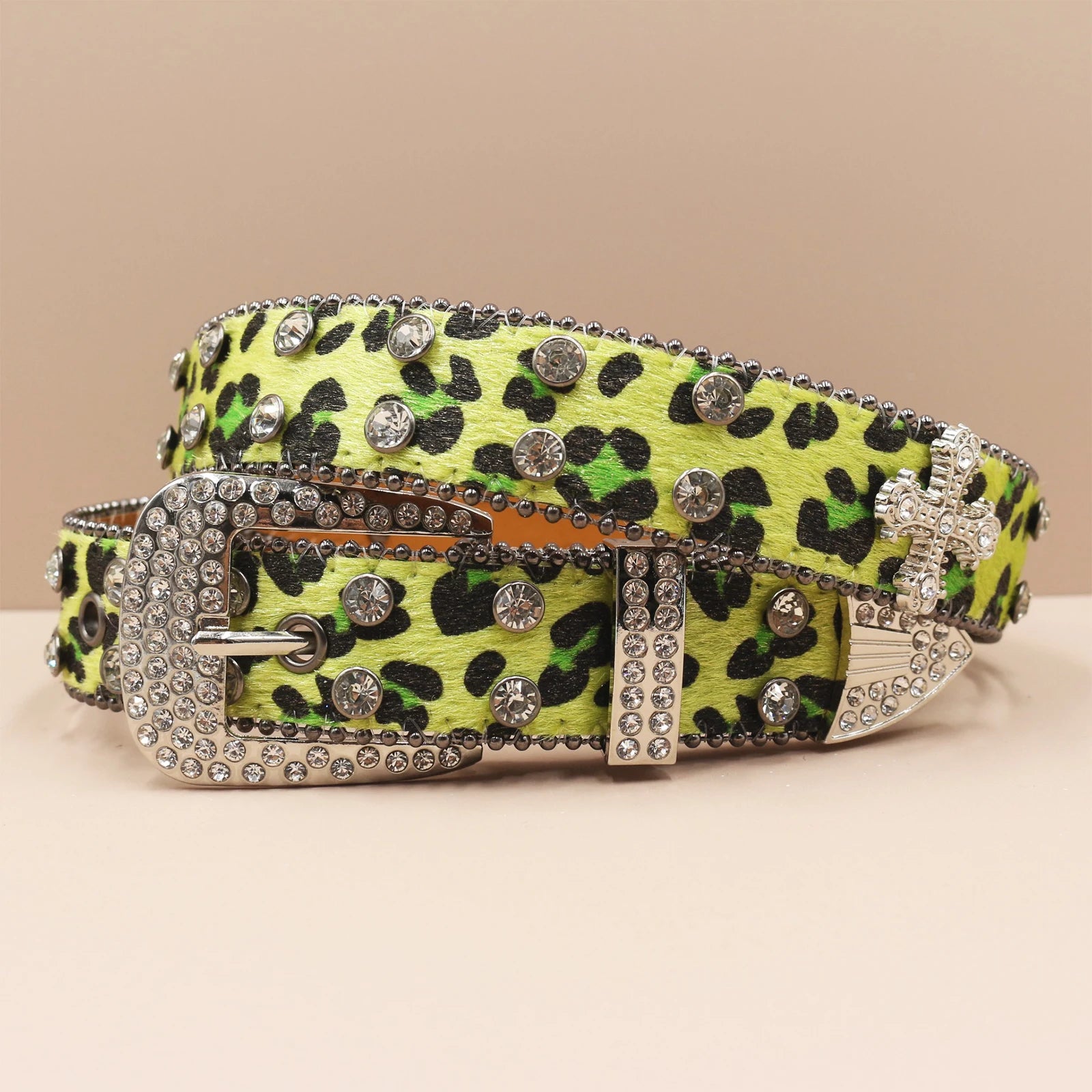 3.3cm Leopard Print Rhinestone Belt Hip Hop Punk Style belt LUNARITY GARAGE Green 105CM