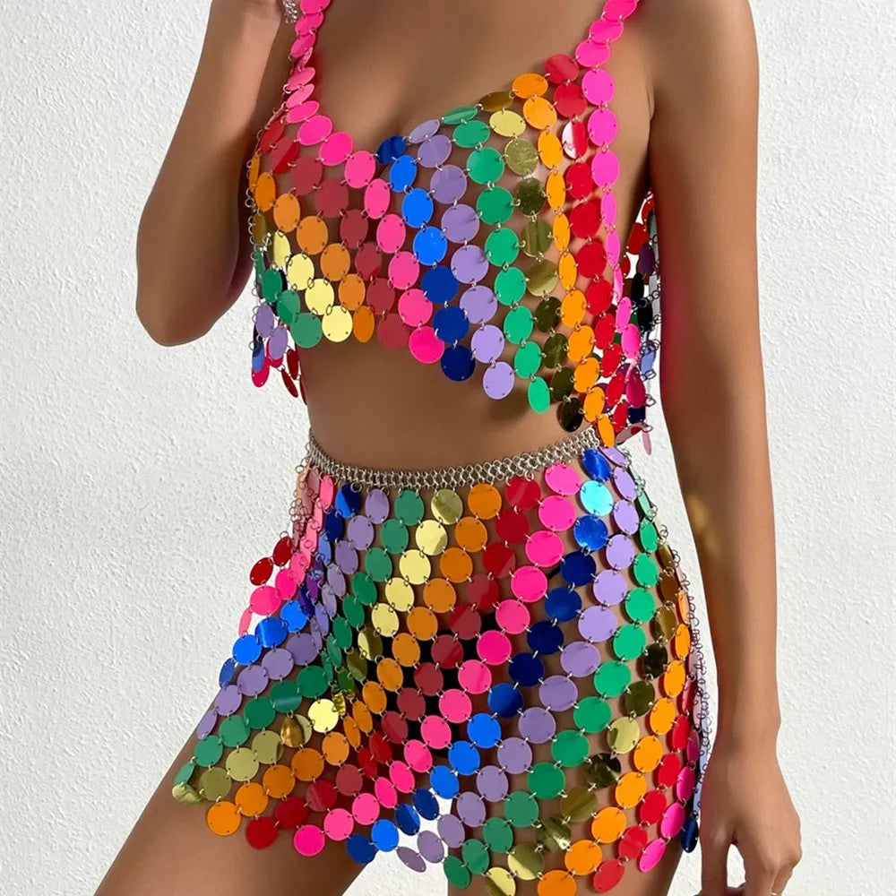 Colorful Glitter Sequins Camisole with Hollow Out Skirt Bikini Bra Chain | 2025 Summer Nightclub Party Jewelry Clothing Set LUNARITY GARAGE