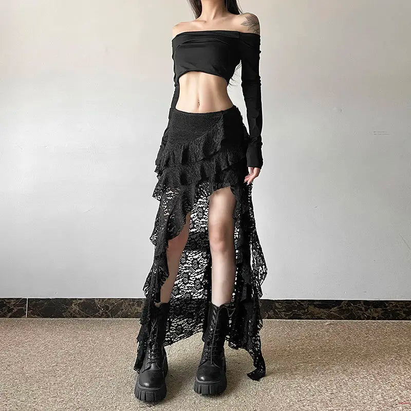 Punk Goth Skirt for Women – Dark Asymmetrical Ruffled Lace High Waist Skirt Skirts LUNARITY GARAGE